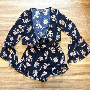 Revamped Black floral bell sleeve romper
